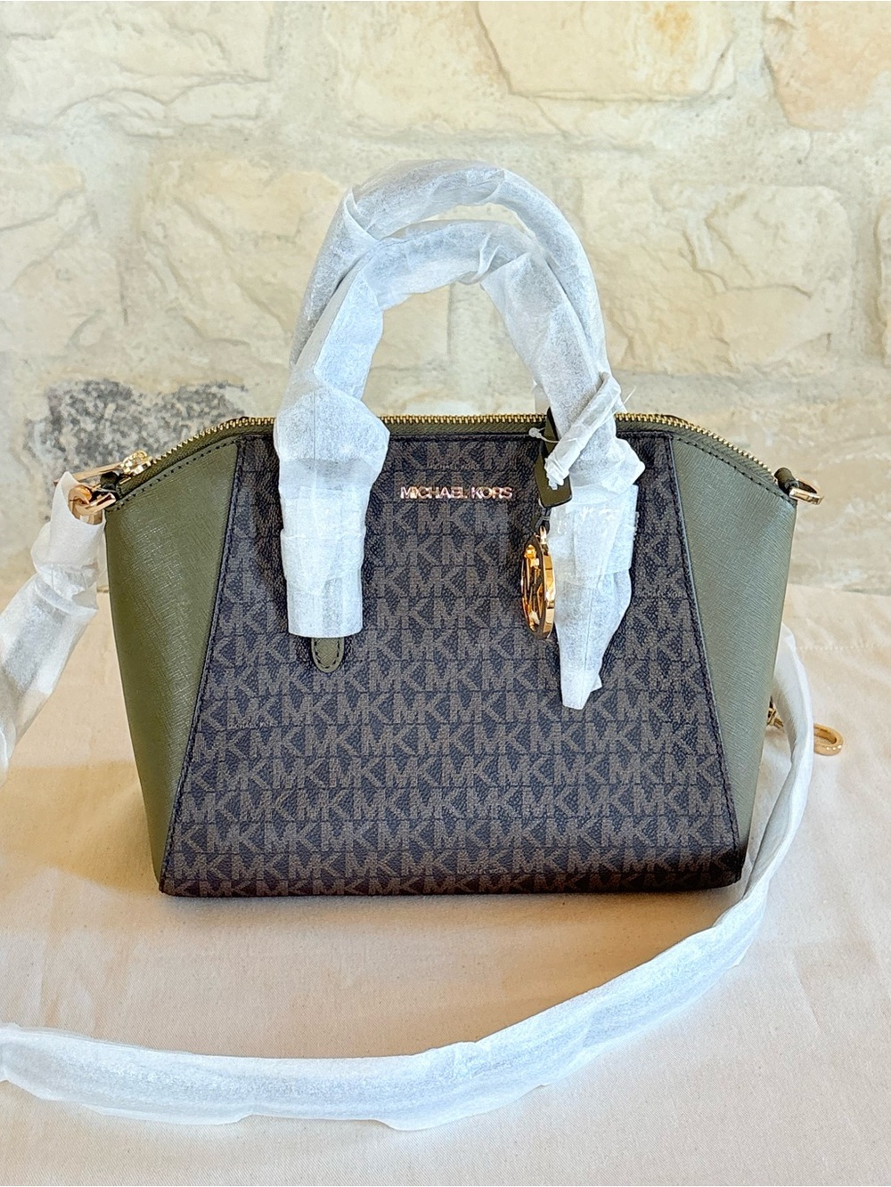 Michael Kors Olive Green and Brown MK Signature Satchel